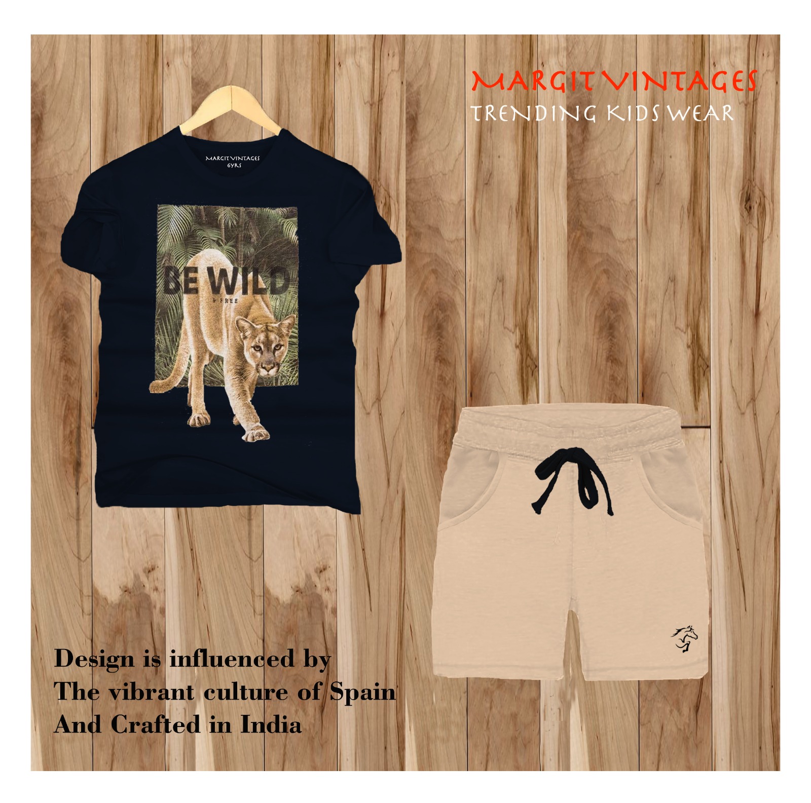 Be Wild co-ord set — black jungle tee and tan shorts