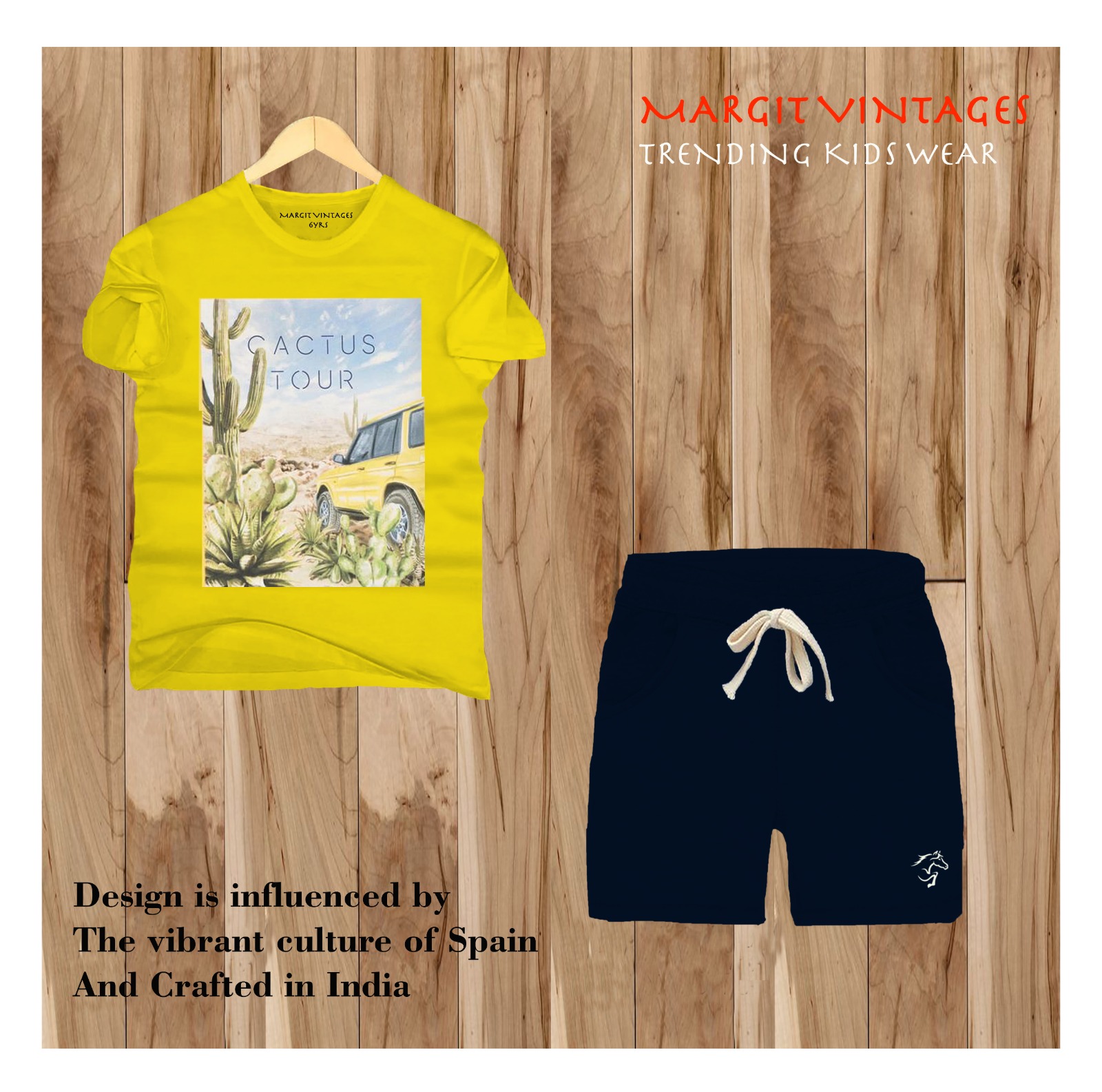 Cactus Tour co-ord set — yellow desert tee and navy shorts