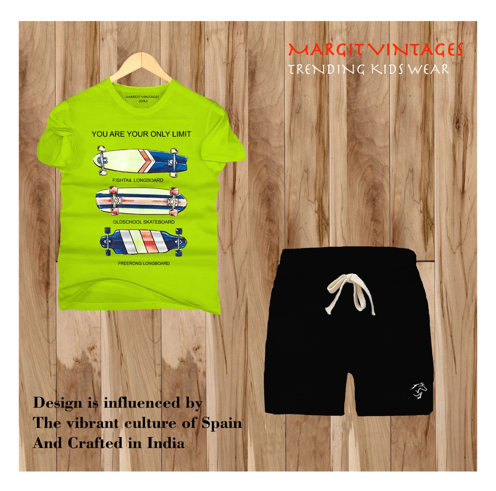 Longboard Legends co-ord set — lime green tee and black shorts