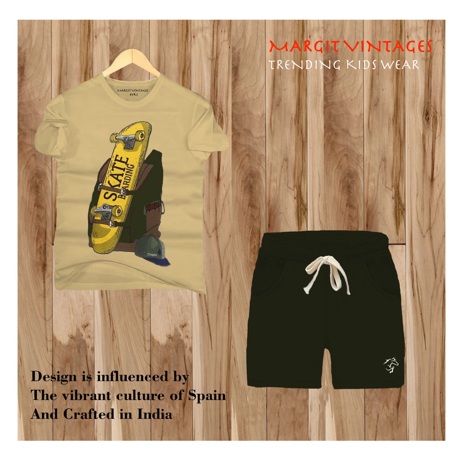 Skateboarding co-ord set — beige skate tee and green shorts