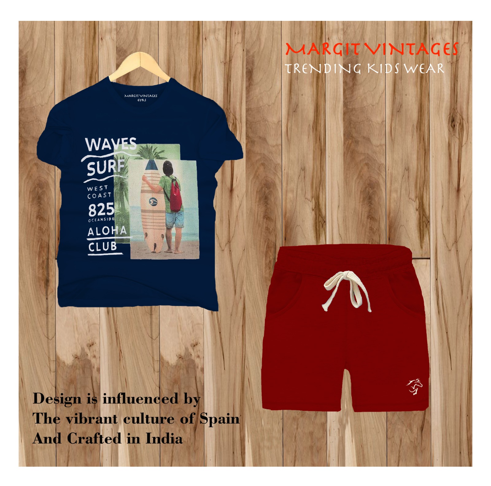 West Coast Surf co-ord set — navy surf tee and maroon shorts